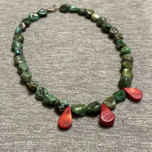 Vintage Sterling Silver Green Turquoise Red Coral Teardrop Choker Necklace Boho - Picture 1 of 7